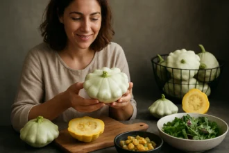 Žena drži patizón a teší sa z jeho krásy v kuchyni.