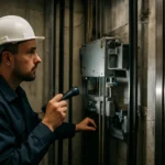 Technik kontroluje mechanizmus výťahu s baterkou