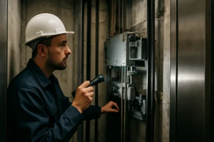 Technik kontroluje mechanizmus výťahu s baterkou