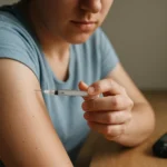 Osoba aplikuje inzulín pomocou injekčnej striekačky na ruku