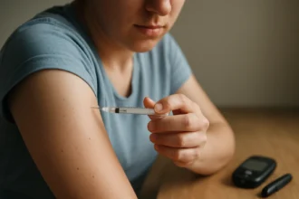 Osoba aplikuje inzulín pomocou injekčnej striekačky na ruku