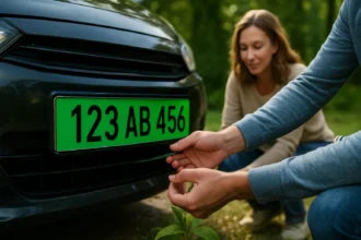 Muž inštaluje zelenú ŠPZ na auto v prírode, podporuje ekologickú dopravu.