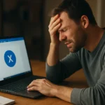 Muž za notebookom so zamrznutým Microsoft Word a frustráciou na tvári.