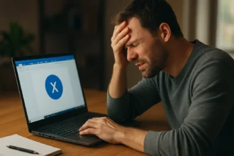 Muž za notebookom so zamrznutým Microsoft Word a frustráciou na tvári.