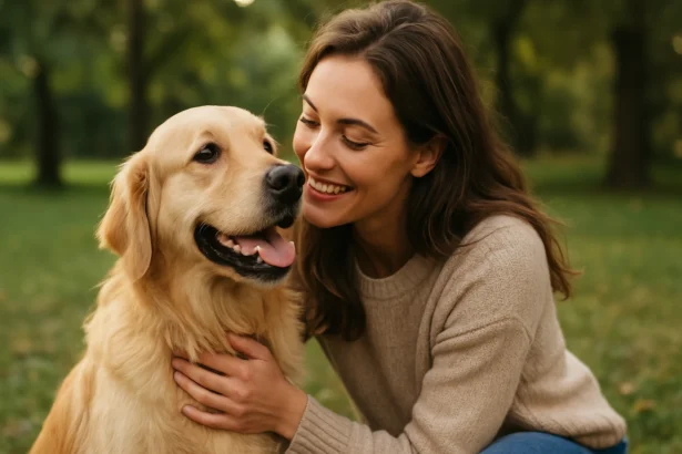 Žena usmievajúca sa pri svojom zlatom retrieverovi v prírode