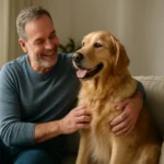 Šťastný muž so zlatým retríverom na pohovke v interiéri