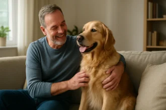 Šťastný muž so zlatým retríverom na pohovke v interiéri