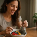 Žena si pripravuje zdravý pokrm s chia semienkami a ovocím.