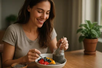 Žena si pripravuje zdravý pokrm s chia semienkami a ovocím.