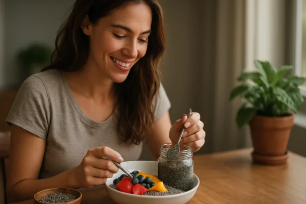 Žena si pripravuje zdravý pokrm s chia semienkami a ovocím.