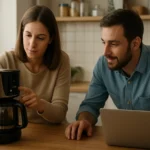 Mladý pár používa kávovar v kuchyni