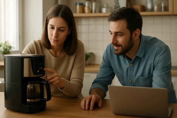 Mladý pár používa kávovar v kuchyni