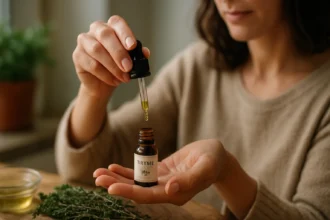 Žena používajúca tymiánové kvapky na podporu zdravia.