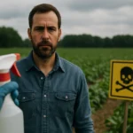 Muž s postrekovačom v poli s varovným znamením o nebezpečenstve herbicídov.