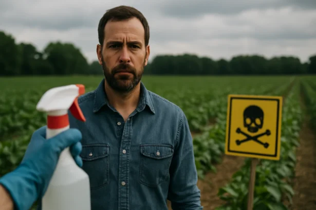 Muž s postrekovačom v poli s varovným znamením o nebezpečenstve herbicídov.