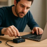 Muž pripojuje aktívny USB hub k laptopu na stole.