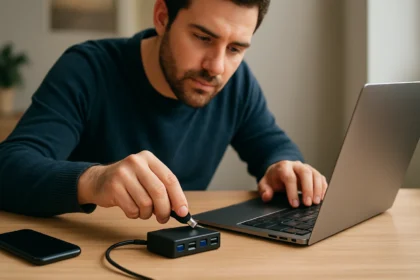Muž pripojuje aktívny USB hub k laptopu na stole.