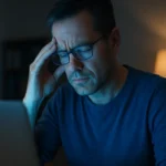 Muž so závesom na očiach pred počítačom kvôli modrému svetlu