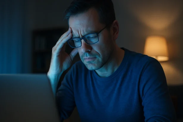 Muž so závesom na očiach pred počítačom kvôli modrému svetlu