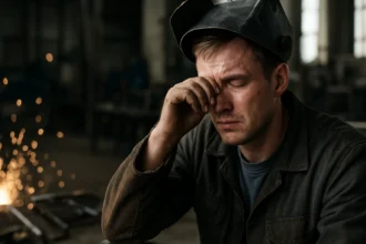 Hegesztovanie: Muž si chráni oči pred svietením a iskrami.