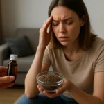 Žena pociťujúca bolesti hlavy s pohárom rascovými semien a liekom.