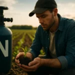 Muž drží mladú rastlinu pri fľaši s dusíkom na poli.