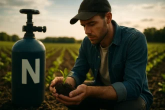 Muž drží mladú rastlinu pri fľaši s dusíkom na poli.