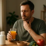 Muž posilňuje imunitu s ovocným nápojom a zdravou stravou.
