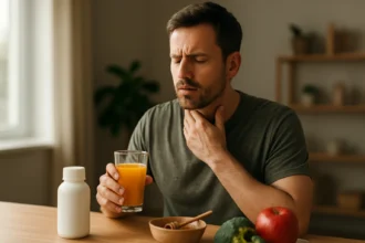 Muž posilňuje imunitu s ovocným nápojom a zdravou stravou.