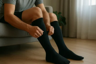 Muž si oblieka kompresné ponožky v obývacej izbe.