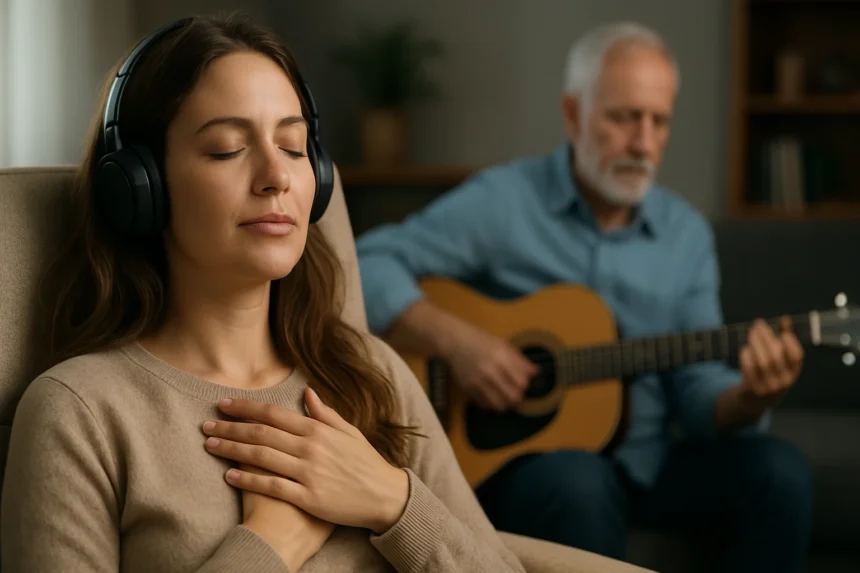 Žena relaxuje s headsetom, zatiaľ čo muž hrá na gitaru.