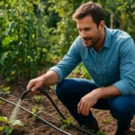 Muž používa csepegtetovú zavlažovaciu súpravu v záhrade.