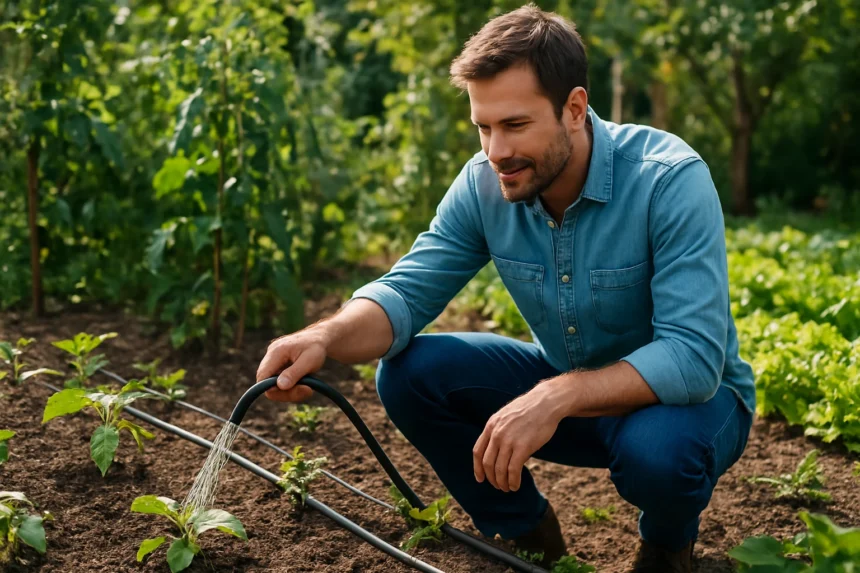 Muž používa csepegtetovú zavlažovaciu súpravu v záhrade.