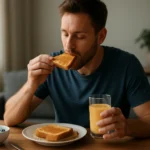 Muž vychutnávajúci si hrianku s pomarančovým džúsom na raňajky.