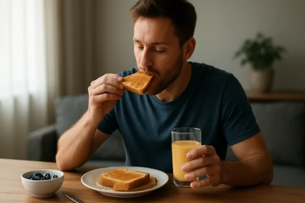 Muž vychutnávajúci si hrianku s pomarančovým džúsom na raňajky.