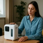 Žena s kyslíkovým generátorom v útulnom domácom prostredí.