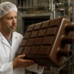 Muž v bielej uniforme drží čokoládový tégľový výmenník tepla.