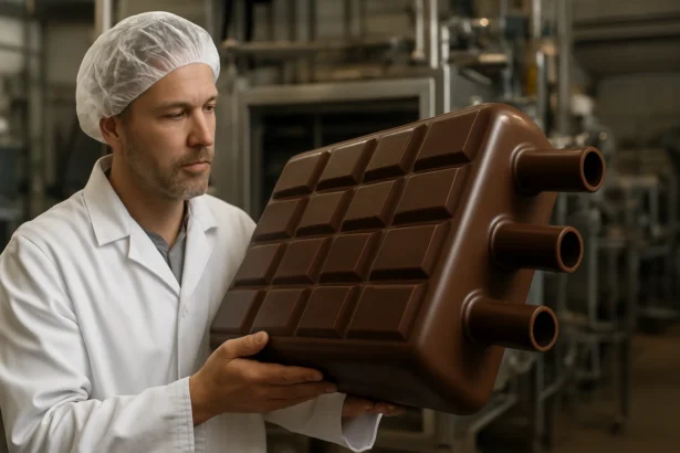 Muž v bielej uniforme drží čokoládový tégľový výmenník tepla.