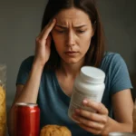 Žena znepokojená tým, čo číta na fľaši s konzervantmi