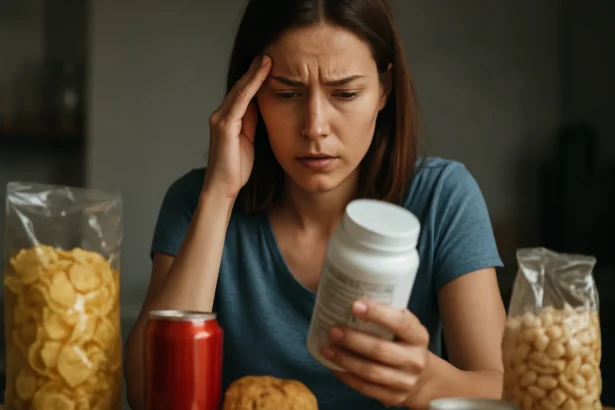 Žena znepokojená tým, čo číta na fľaši s konzervantmi