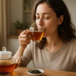 Žena si vychutnáva čaj na pečeň z pohára v súlade so zdravým životným štýlom.