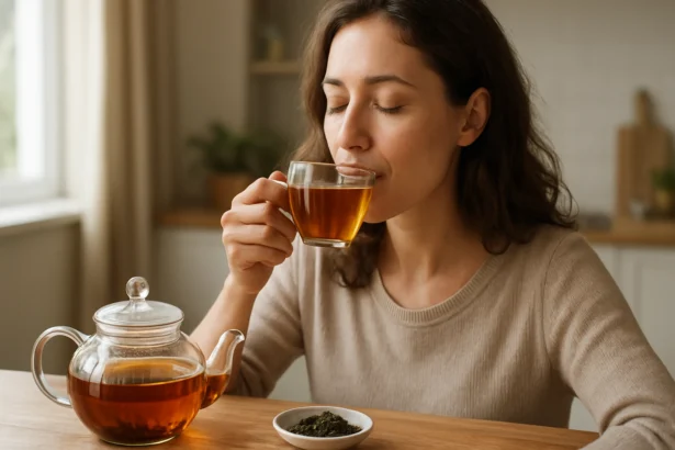 Žena si vychutnáva čaj na pečeň z pohára v súlade so zdravým životným štýlom.