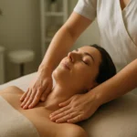 Žena relaxuje pri lymfodrenážnej masáži v príjemnom prostredí.