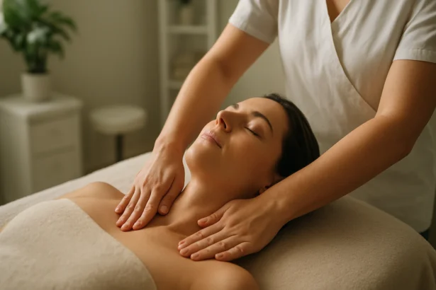 Žena relaxuje pri lymfodrenážnej masáži v príjemnom prostredí.