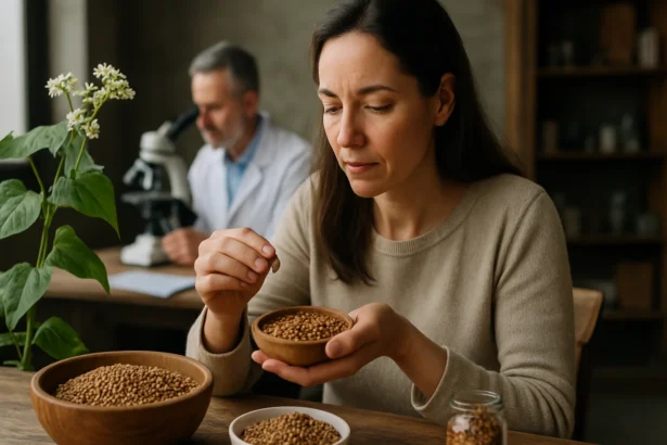 Žena skúma vlčí bob v laboratóriu so vzadu výskumníkom.