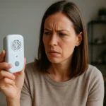 Žena skúma ultrazvukový odpudzovač škodcov v interiéri.