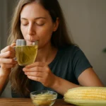 Žena vychutnáva čaj z kukuričných vlasov pri stole.