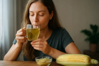 Žena vychutnáva čaj z kukuričných vlasov pri stole.