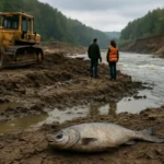 Zničený biotop: mŕtva ryba pri regulovanej rieke s ťažkým strojom.
