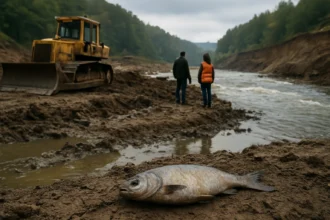 Zničený biotop: mŕtva ryba pri regulovanej rieke s ťažkým strojom.